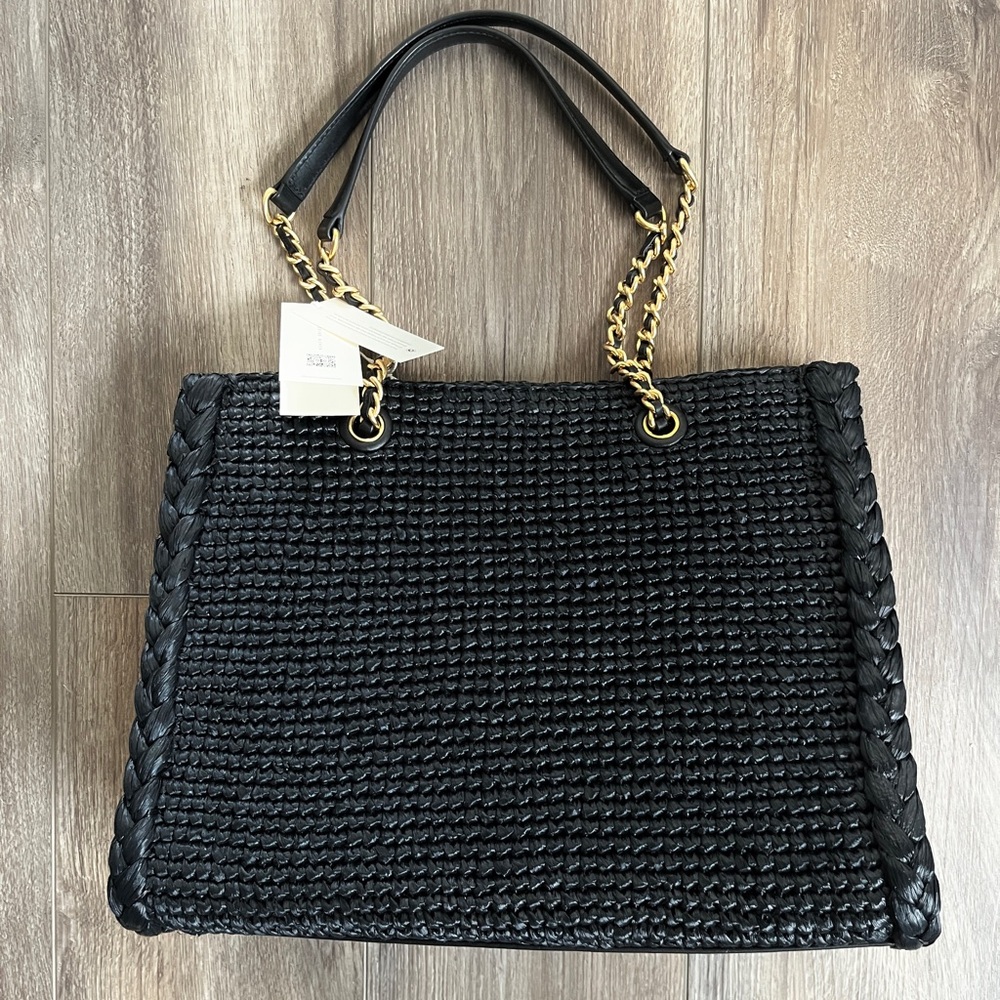 BNWT HP🌹 Tory Burch Black Woven Tote with TB Dust Bag - Picture 2 of 8